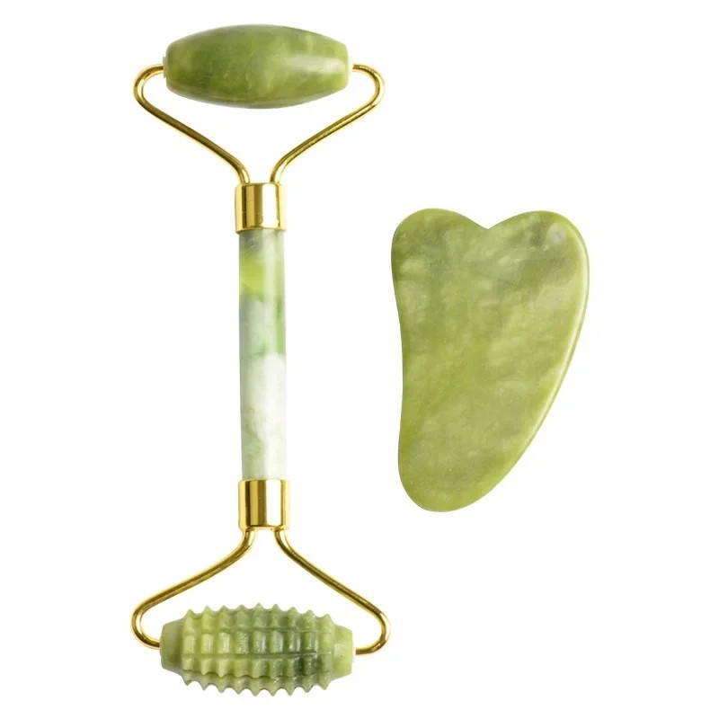 Jade Roller Gua Sha - Zestaw do masażu twarzy jadeitem: roller,